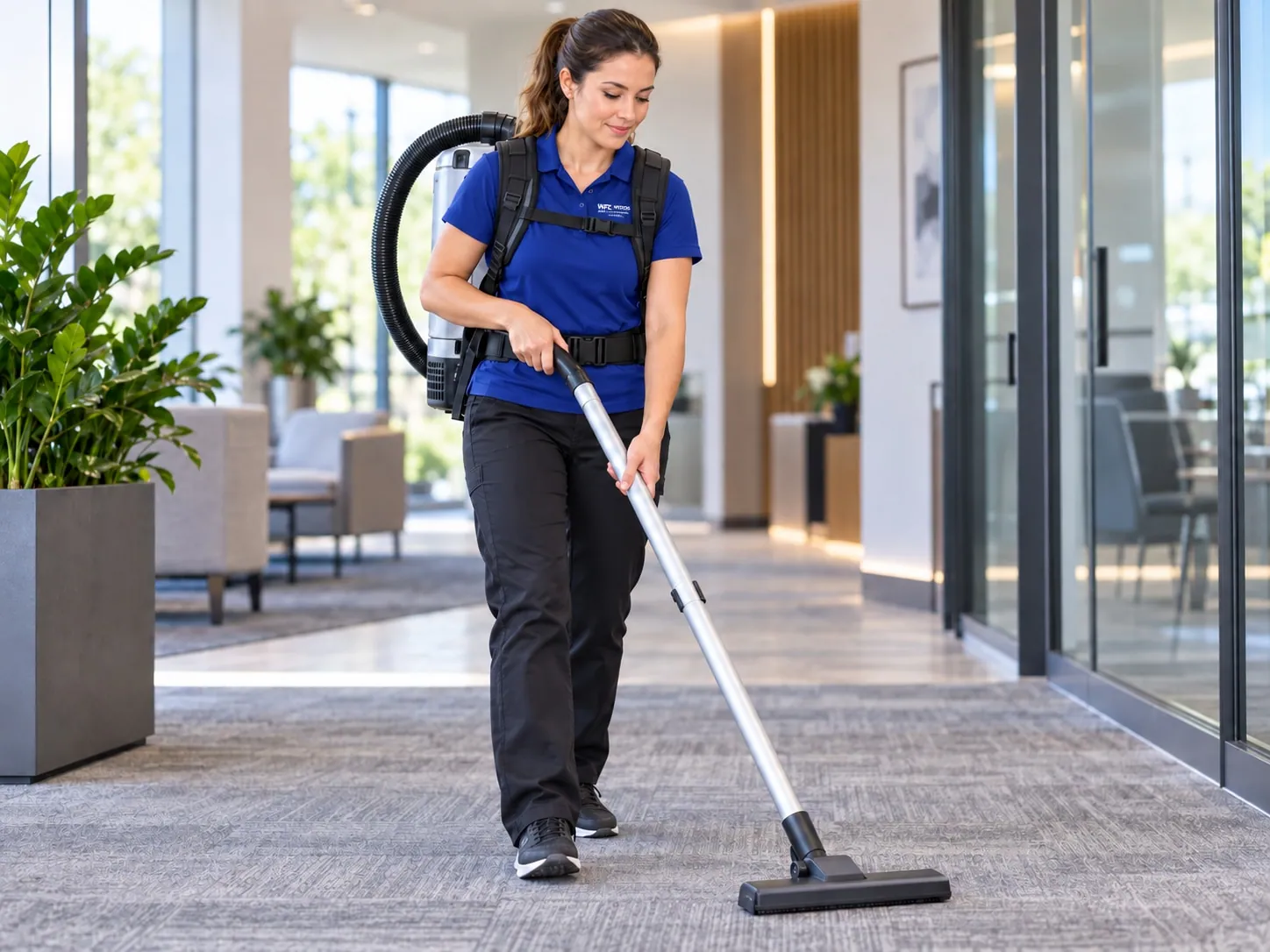 Woods cleaner using a backpack vacuum in an office lobby