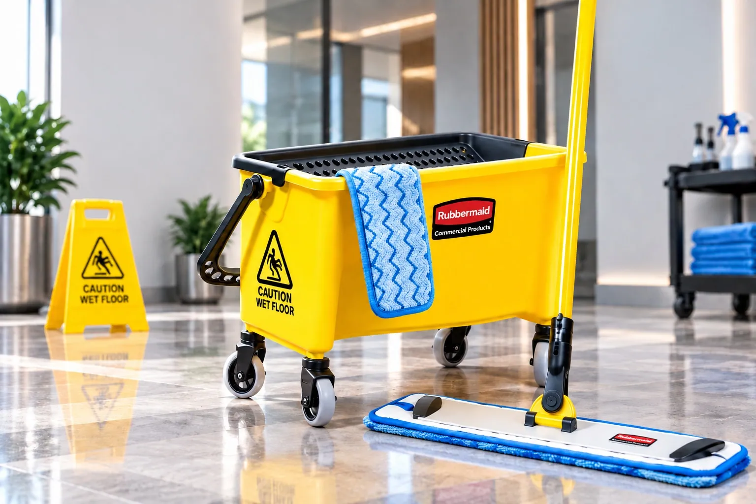 Yellow cleaning bucket and a microfiber flat mop