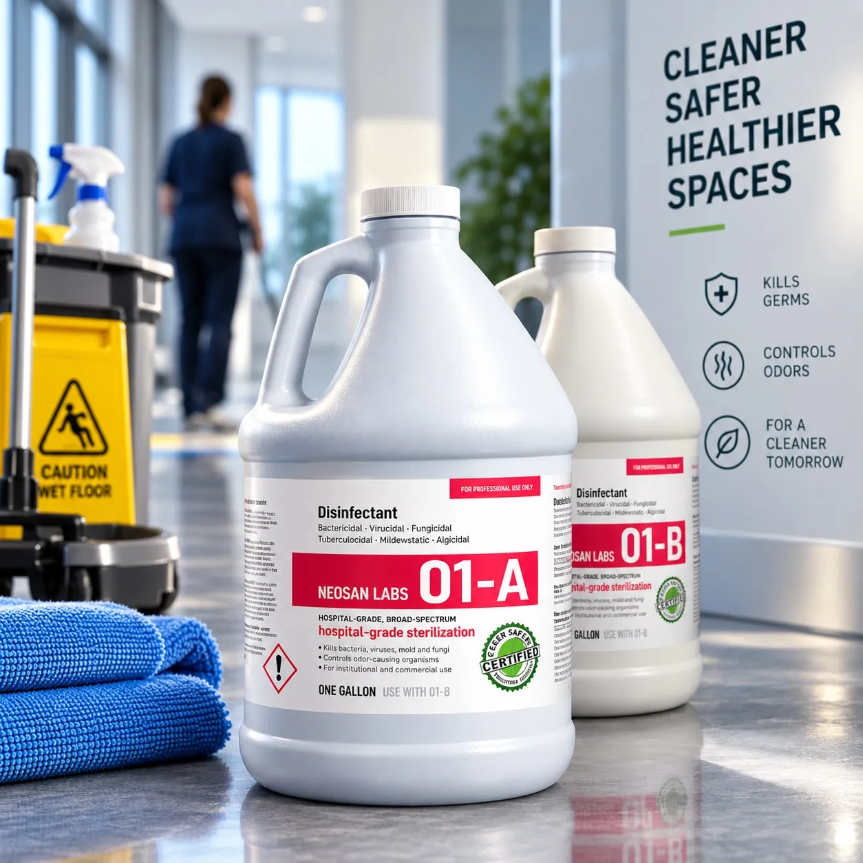 Hospital-grade disinfectant bottles on a cleaning cart