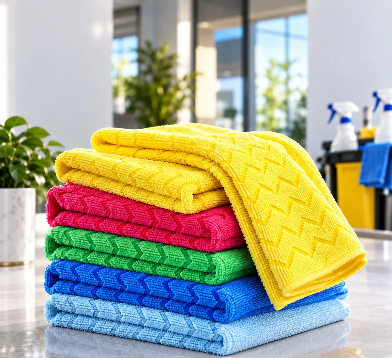 Stacked color-coded microfiber cleaning cloths