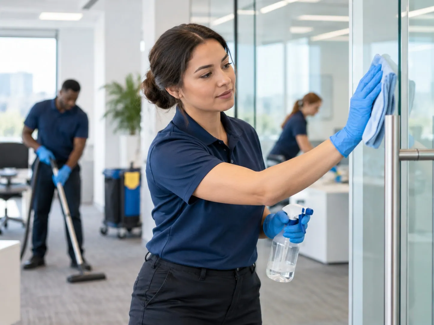 Cleaning team wiping glass and vacuuming a commercial office
